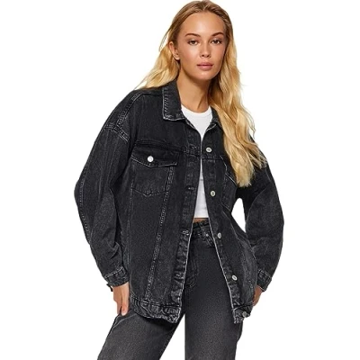 Abbildung von Trendyol Damen Oversize Standard Plain Denim Jacke Coat, Schwarz, XS EU