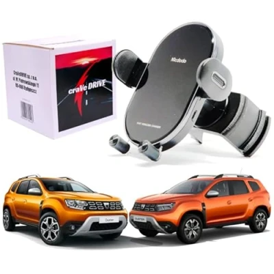 Abbildung von CraVeDRIVE 15W Handyhalterung Auto mit Ladefunktion I Kompatibel Runde Lüftungen Dacia Wireless Quick Charge Induktives Laden für Duster Sandero Dokker Logan
