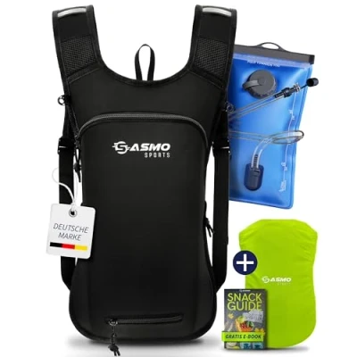 Abbildung von SASMO® Trinkrucksack Fahrrad mit Thermofach Trinkblase 2l, BPA Frei inkl. Helmnetz (Schwarz Trinkblase)