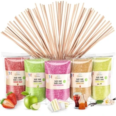 Abbildung von GREENDOSO® Zuckerwatte Zucker Set 5x300g Natürliche Aromen &amp; Farben Erdbeere/Cola/Apfel/Marshmallow/Vanille + 50 Stäbchen für Zuckerwattemaschine