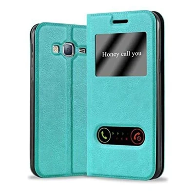 Abbildung von Cadorabo Hülle kompatibel mit Samsung Galaxy J3 2016 Sichtfenster aus Kunst Leder Flip Klappbare Magnetische [Standfunktion] [Kartenfächern] Cover für Tasche in Türkis
