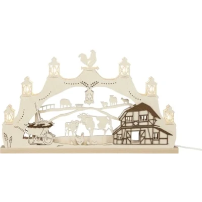 Abbildung von Rudolphs Schatzkiste Schwibbogen Bauernhof LED Natur BxHxT 52x30,5x4,5cm NEU Lichterbogen Fensterbogen Spitzbogen Erzgebirge Weihnachten Bergbau Bergmann Licht Holz Dekoration Beleuchtung