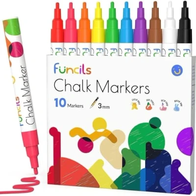 Abbildung von Funcils Kreidestifte für Fenster &amp; Tafel 10 Kreidestift Neon 3mm feine Umkehrbare Spitze Kreide Stift fein als Fensterstifte, Glasmalstifte, Chalk Marker, Kreidemarker Tafelstifte abwischbar