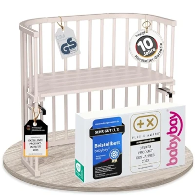 Abbildung von babybay Original Beistellbett aus massivem Buchenholz/kompakt &amp; verwandelbar/Kinderbett Höhe stufenlos verstellbar umweltfreundlich/mitwachsendes Babybett (beige lackiert)