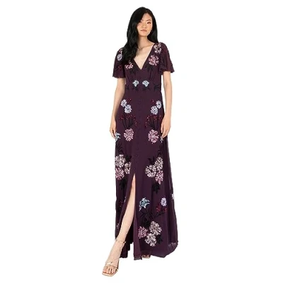 Abbildung von Women&#039;s Maxi Dress Ladies Embroidered Sequin Embellished Button Front Split for Wedding Guest Bridesmaid Prom Evening, Berry, 42