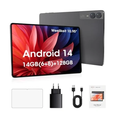 Abbildung von weelikeit Android 14 Tablet 10,95 Zoll, GB (6 + 8) RAM 128 ROM, Octa Core Prozessor, 1200 x 1920 IPS FHD Incell Bildschirm, GPS, WLAN, 5 MP 13 Doppelkamera, Bluetooth, 7000 mAh Akku