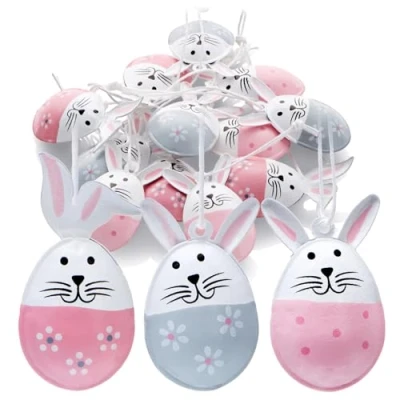 Abbildung von com four® 12x Dekoaufhänger Ostern Osterhase in Ei Form aus Metall Osterdeko zum Aufhängen an Strauch, Baum, Tür und Fenster (grau + rosa)