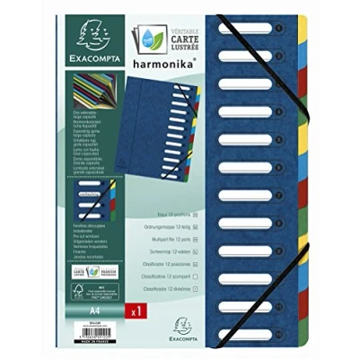 Abbildung von Exacompta 55122E 6er Pack Premium Ordnungsmappe Harmonika. Aus extra starkem Colorspan Karton DIN A4 12 Fächer und 2 Gummizüge mit Indexfenster dehnbarem Rücken Register Mappe blau