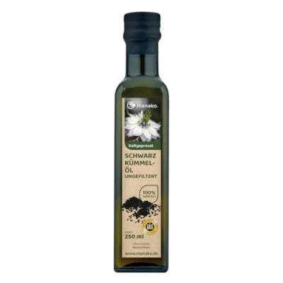 Abbildung von manako ungefiltertes Schwarzkümmelöl, kaltgepresst und 100% rein, 250 ml Glasflasche
