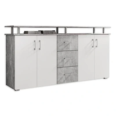 Abbildung von LIFT Highboard mit Ablage in Beton Optik, Weiß Moderner Wohnzimmerschrank Schubladen und viel Stauraum für Ihren Wohnbereich 178 x 90 38 cm (B/H/T)