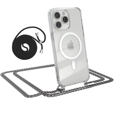Abbildung von EAZY CASE Handykette kompatibel mit iPhone 15 Pro Max Kette zum Umhängen Stoßfest Handyhülle für Silikon Hülle Band aus Metall Transparent als Fallschutz in Anthrazit