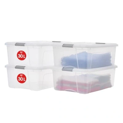 Abbildung von Iris Ohyama Aufbewahrungsboxen mit Deckel, 30L, 4er Set, Silber, Sicherer Verschluss, Stapelbar, Griffe, Schlafzimmer, Schrank, Büro, Organisation, BPA freies Plastik, Ordnungsboxen, NTB 30