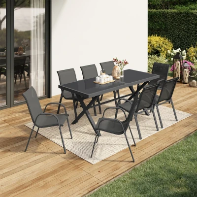 Abbildung von IDMarket Gartenmöbel, Santorin, Tisch, 190 cm, mit Kreuzbeinen, Platte in Betonoptik und 8 stapelbare Stühle, anthrazitgrau