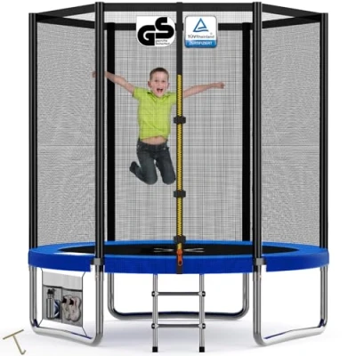 Abbildung von Devoko Trampolin Outdoor Ø 183/228/305/366/427 cm Indoor Kinder Gartentrampoline, Komplettset mit Schuhnetz, Leiter, Randabdeckung, Sicherheitsnetz, Belastbarkeit 50 kg (Blau)