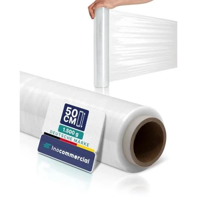 Abbildung von Inoverse 1 Rolle Stretchfolie Transparent Wickelfolie 50cm/1.5kg, Folie Für Möbel &amp; Umzug, Palettenfolie, Handstretchfolie, Verpackungsfolie auf Rolle, Strechfolienrolle, Verpackungsmaterial