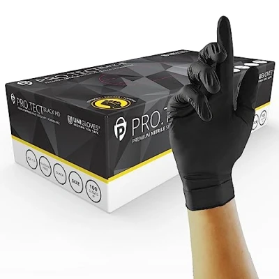 Abbildung von UNIGLOVES PRO.TECT Schwarze HD Nitril Einweghandschuhe Ultra strapazierfähig, Einmalgebrauch, multifunktional, puderfrei, Box mit 100 Handschuhen, Größe S (GA0062)