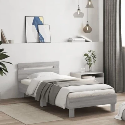 Abbildung von vidaXL Bettgestell, Bettrahmen mit Lattenrost, Bett Gästebett Kopfteil LED Leuchten, Einzelbett Schlafzimmerbett Schlafzimmermöbel, Grau Sonoma 90x200cm