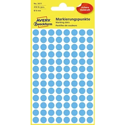Abbildung von AVERY Zweckform 3011 selbstklebende Markierungspunkte 416 Stück (Ø8mm, Klebepunkte auf 4 Bogen, Punktaufkleber zur Farbcodierung, runde Aufkleber für Kalender, Planer und zum Basteln, Papier) blau