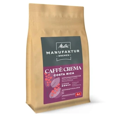 Abbildung von Melitta Manufaktur Kaffee Caffè Crema Spezialitäten Kaffee, 500g, Bohnen, ungemahlen, Single Origin Farm aus Costa Rica, geröstet in Deutschland, Stärke 3