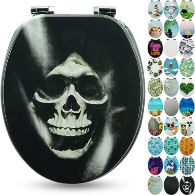 Abbildung von SANFINO® Premium WC Sitz mit Absenkautomatik hochwertige Toilettendeckel aus Holz, viele bunte Motive, hoher Sitzkomfort, einfache Montage inklusive Montageanleitung &quot;Skull&quot;