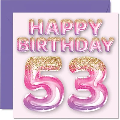 Abbildung von Stuff4 Geburtstagskarte zum 53. Geburtstag für Frauen rosa und lila Glitzerballons Happy Karten 53 Jahre alte Frau Mama Nanny Grandma Gran Auntie 145 mm fünfzig Grußkarten Geschenk