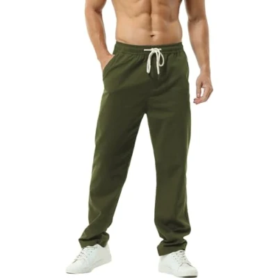 Abbildung von HOEREV Men Casual Strandhosen Leinen Hose Gr. XXL (Taille 42 44 zoll), Grün