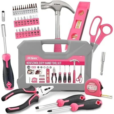 Abbildung von Hi Spec Heim DIY Werkzeugkoffer für Frauen 42tlg. Kleiner gefüllt mit Pinken Werkzeugen und 2 in 1 Schraubendreher Bit Griff Reparaturen.