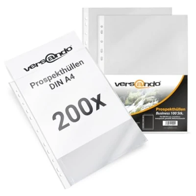 Abbildung von versando 200x A4 Prospekthüllen Business mit Heftrand Klarsichthüllen genarbt transparent 60my (2x 100 Stück)