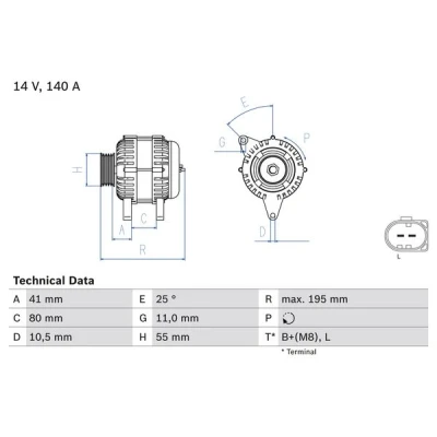 Abbildung von BOSCH 0 986 046 210 Lichtmaschine 14V 140A FIAT: Ducato III Kastenwagen, Bus, II IVECO: DAILY 4 Kasten/Kombi