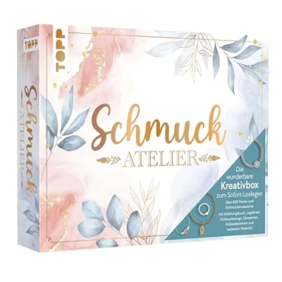 Abbildung von TOPP Die wunderbare Kreativbox Schmuckatelier. Anleitungsbuch (32 S.), Flachzange, Biegeringöffner, Perlennadeln, Perlenlegebrett, über 800 Perlen und Schmuckaccessoires