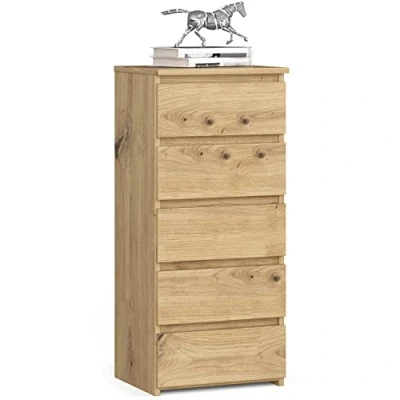 Abbildung von AKORD Kommode mit 5 Schubladen Rollschubladen Schubladenschrank Kleiderschrank Sideboard Ablage Robust Universal Design Kunsthandwerkliche Eiche