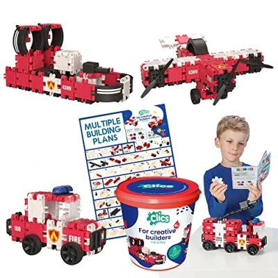 Abbildung von Clics Fire Edition Konstruktionsspielzeug für Kinder ab 3 Jahre, kreatives Lernspielzeug im 127 Teile Set, Bausteine Mädchen und Jungen, Montessori STEM Spielzeug, Langlebige Spielzeug