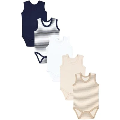 Abbildung von TupTam Baby Jungen Achselbody Weicher Body im 5er Pack aus Baumwolle, Unifarben OEKO TEX zertifiziert, Farbe: Streifen Hellbeige Dunkelblau, Größe: 122