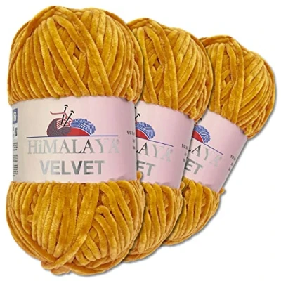 Abbildung von Wohnkult Himalaya 3 x 100 g Velvet Dolphin Wolle 40 Farben zur Auswahl Chenille Strickgarn Flauschwolle Glanz Accessoire Kleidung Decken (90030 Senf)