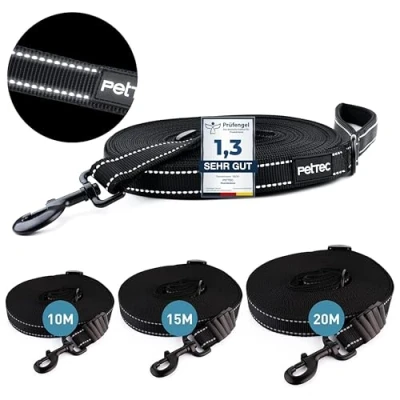 Abbildung von PetTec Schleppleine 10m/15m/20m Trainingsleine für Hunde aus extrastarkem D860 Nylon, schmutz &amp; wasserabweisend, robuste Lange Langlaufleine/Dog Leash, Schlepp Leine verstellbar, Welpenleine lang