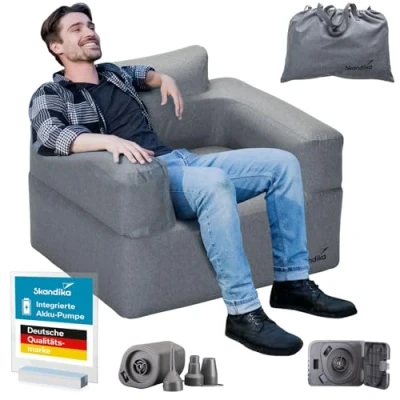 Abbildung von Skandika Luftsofa Easy Air Single, Aufblasbares Sofa mit Elektropumpe, Outdoor, bis 200 kg, Tragetasche, Aufladbar USB Ladekabel, Indoor, Camping
