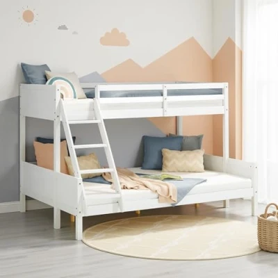 Abbildung von Homestyle4u Etagenbett 90x200 und 140x200 Kinderbett Holz 2 Kinder Massiv mit Rausfallschutz (inkl. Matratzen), Weiß