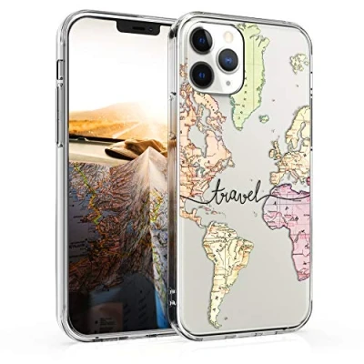 Abbildung von kwmobile Case kompatibel mit Apple iPhone 12 / Pro Hülle Silikon Transparent Travel Schriftzug Schwarz Mehrfarbig