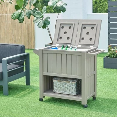 Abbildung von casa.pro Kühlwagen Arsita Outdoor Servierwagen 80 L Kühlbox mit Rollen Getränkekühler Flaschenöffner Beistellwagen Abnehmbarer Kühltasche 102 x 47 87 cm Beige