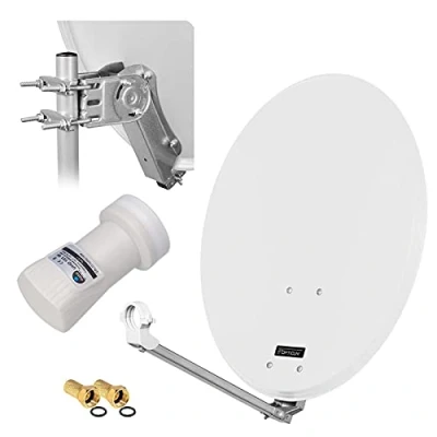 Abbildung von HD Digital SAT Anlage 60cm ALU Spiegel Schüssel Hellgrau + Single LNB 1 Teilnehmer zum Empfang von DVB S/S2 Full 3D 4K Ultra (UHD) Signale Stecker Gratis dazu im Set