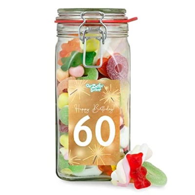 Abbildung von zum 60. Geburtstag Süßigkeitenglas Geschenkglas gefüllt mit Süßigkeiten, tolles Geschenk 60ten