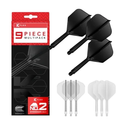Abbildung von Target Darts K Flex Integrated Dart Flights and Shafts, Stiel mittlerer Länge (26 mm), Nr. 2 Flug, 9er Pack, schwarz, weiß und transparent