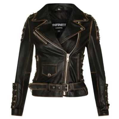 Abbildung von Infinity Leather Damen Schwarz Leder Biker Brando Motorrad Jacke