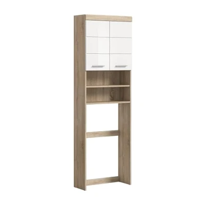 Abbildung von furnling Waschmaschinenüberbau Scott, Waschmaschinenschrank, 2 Türen, offene Fächer, Hochglanz Front, Badschrank, Badmöbel, 63 cm breit, Sonoma Eiche hell/weiß