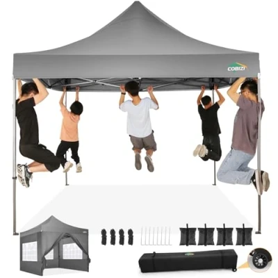 Abbildung von COBIZI pavillon 3x3 wasserdicht stabil Winterfest, faltpavillon Outdoor faltbar partyzelt，pop up klappbar gartenpavillon mit 4 Seitenteilen und Laufradtasche, Grau（420D Oxford Plane）