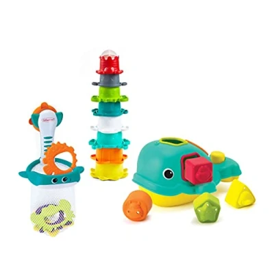 Abbildung von INFANTINO Ocean Fun Bathtime Playset Including Orca The Shape Sorting Whale, Shoot &#039;n Scoop pals and 8 Colourful Stacking Cups, BPA Free