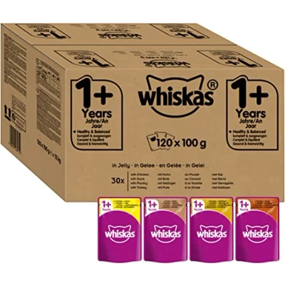 Abbildung von Whiskas 1+ Katzennassfutter Geflügel Auswahl in Gelee Hochwertiges Feuchtfutter für ausgewachsene Katzen im Portionsbeutel Katzenfutter Großpackung (120 x 100g)