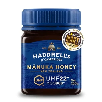 Abbildung von Haddrells Manuka Honig UMF 22+ mit bis zu 1000 MGO, 250g Premium aus Neuseeland zertifiziertem Methylglyoxal Gehalt, laborgeprüft Manukahonig