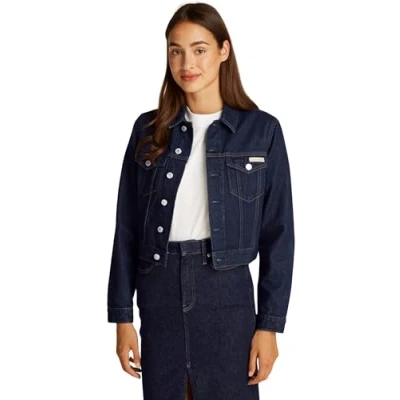 Abbildung von Calvin Klein Jeans Cropped Jacket Jeansjacke, Damen, Größe: XL, Dark blue denim