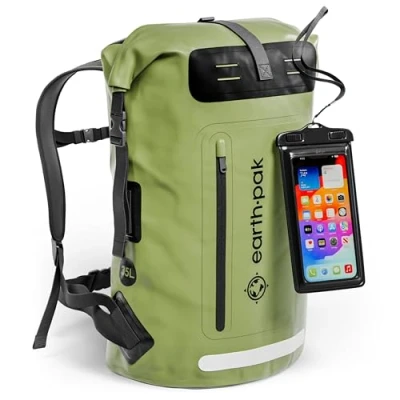 Abbildung von Earth Pak wasserdichter Rucksack 35L / 55L Waterproof Backpack mit leistungsstarkem Rolltop Rollverschluss, Reißverschluss Tasche und IPX8 wasserfester Handyhülle (Grün, 85L)